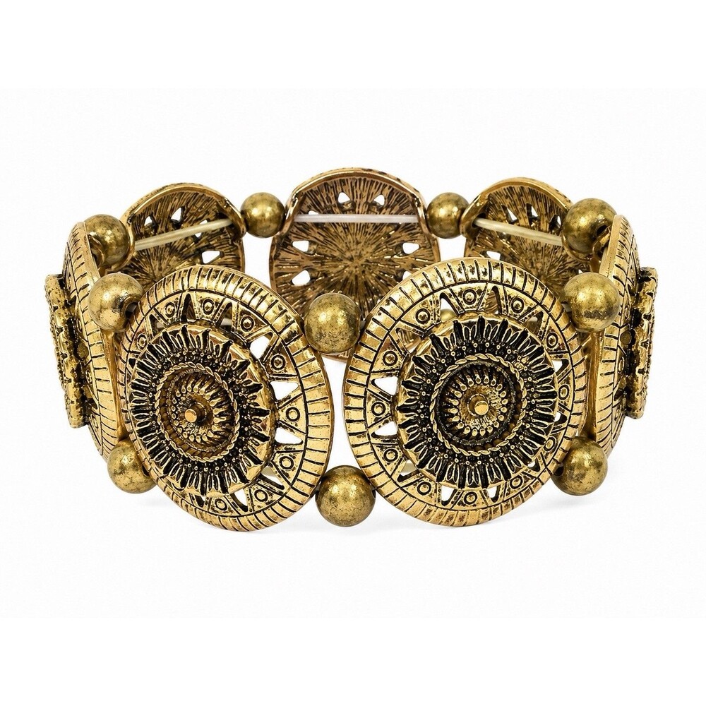 Vintage Gold Tone Medallion Stretch Bracelet Chunky Ornate Boho Grecian Mandala